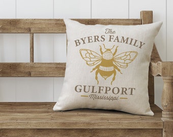 Personalized Honey Bee Pillow, Custom Bee Gifts, Modern Farmhouse Pillows, Family Name, City State Pillow Cover, Honey Bee Pillowcase