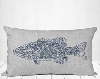 Bass Fish Lumbar Pillow | Nautical Lakehouse And Boating Decor, Coastal Fishing Accent Pillow