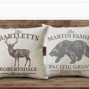 Personalized Bear & Deer Pillows, Custom Farmhouse Throw Pillows, Gifts for Hunters, Housewarming Gift Ideas, Rustic Mountain Home Decor