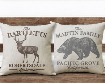 Personalized Bear & Deer Pillows, Custom Farmhouse Throw Pillows, Gifts for Hunters, Housewarming Gift Ideas, Rustic Mountain Home Decor