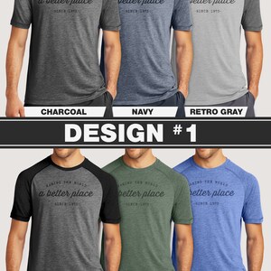 May include: A collection of six short-sleeved t-shirts in various colors: charcoal, navy, retro gray, retro black, green, and royal blue. Each shirt features the text "Making the world a better place since 1973."