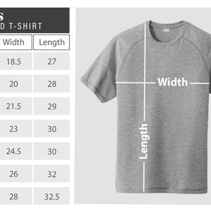 May include: Size chart for a tri-blend t-shirt showing measurements in inches for width and length. Sizes range from XS to 3XL.