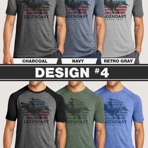 May include: A collection of six short-sleeved t-shirts in various colors: charcoal, navy, retro gray, retro black, green, and royal blue. Each shirt features a graphic of a dinosaur with the text "LEGENDARY SINCE 1973" in a circular design.