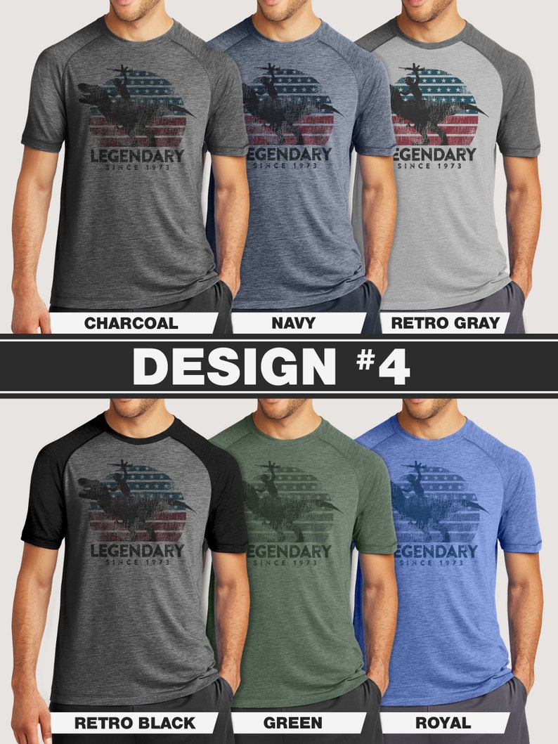 May include: A collection of six short-sleeved t-shirts in various colors: charcoal, navy, retro gray, retro black, green, and royal blue. Each shirt features a graphic of a dinosaur with the text "LEGENDARY SINCE 1973" in a circular design.