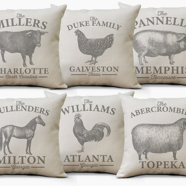 Farmhouse Pillows | Personalized Throw Pillow Covers,  Farm House Outdoor Decor With A Cow, Horse, Chicken, Sheep, Rabbit, Rooster & Rabbit