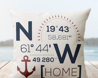 Coordinates Lake House Pillow | Coastal Custom Boating Throw Pillow With Latitude Longitude and Anchor