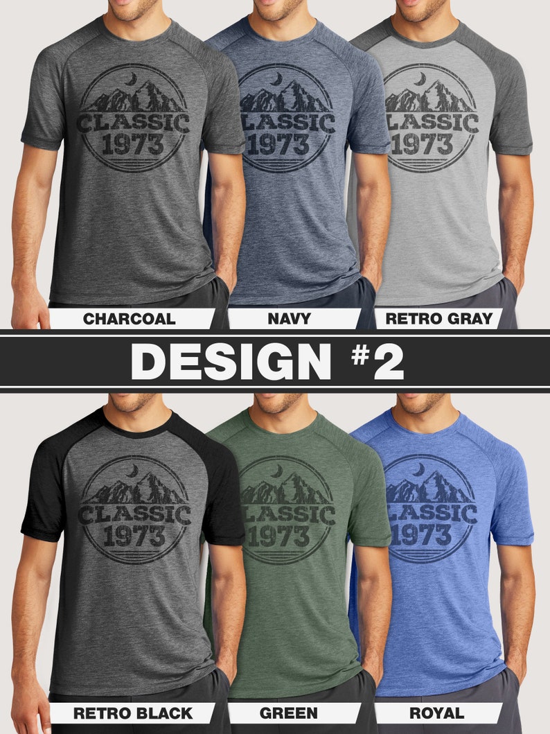 May include: A collection of short-sleeved t-shirts in various colors, including charcoal, navy, and retro gray. Each shirt features a circular graphic with mountain and moon imagery, and the text "CLASSIC 1973". The design is repeated on other shirts in retro black, green, and royal blue.