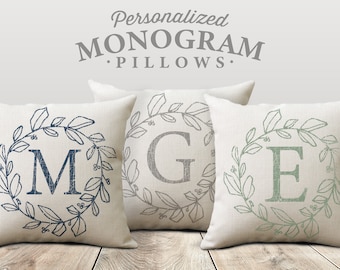 Personalized Farmhouse Monogram Pillow Covers, Rustic Wreath & Initial Wedding Gift Pillow Case, Custom Letter Throw Pillow Gifts