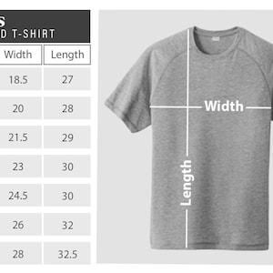May include: Size chart for a tri-blend t-shirt showing measurements in inches for width and length. Sizes range from XS to 3XL.