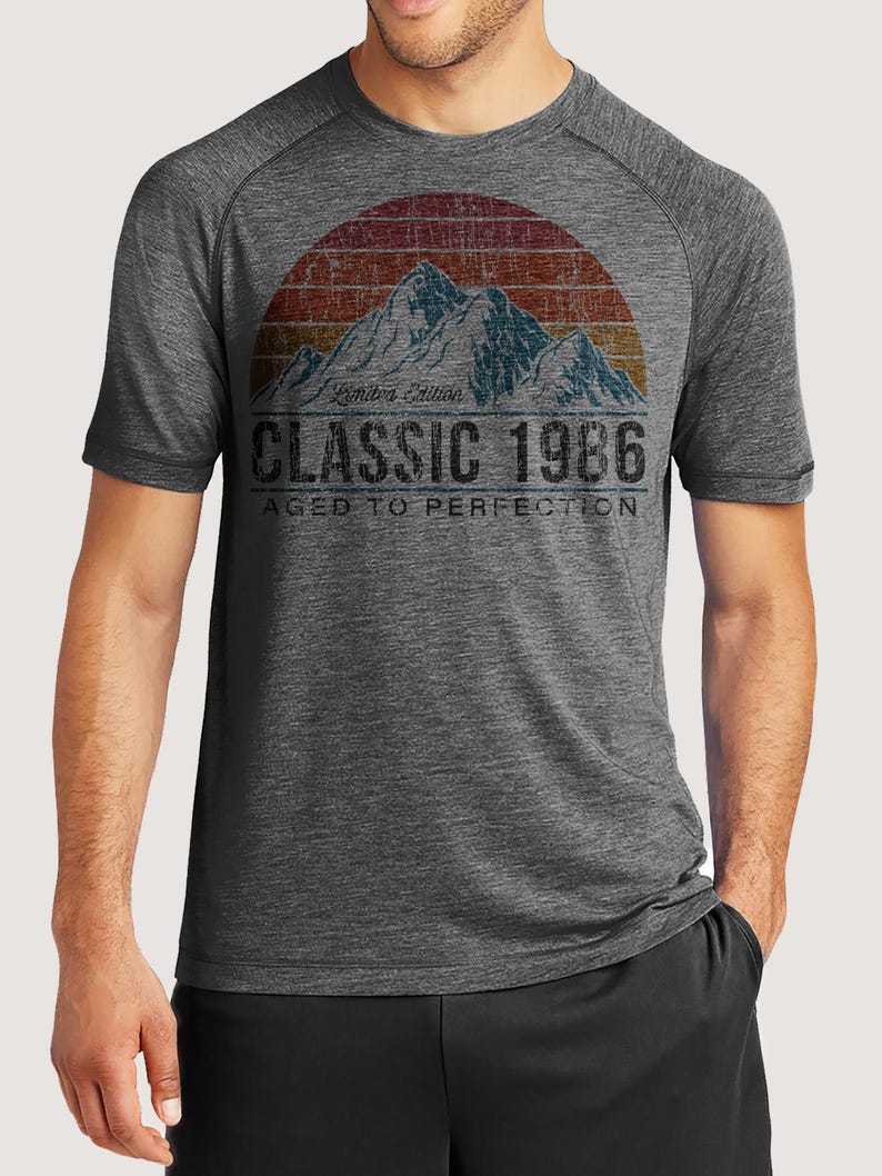 40th Birthday Shirts | 1986 Classic Mountain Sunset Custom Year, Ultra Soft Tri-blend T-Shirt image 1