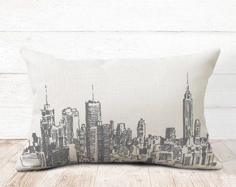 NYC Skyline Lumbar Pillow Cover: New York Sketch Art, Natural Linen Feel
