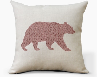 Bear Farmhouse Pillow | Geometric Pattern Throw Pillow | Natural & Gray Vintage Pillowcase | Rustic Mountain Home Decor | Bear Pillow Covers