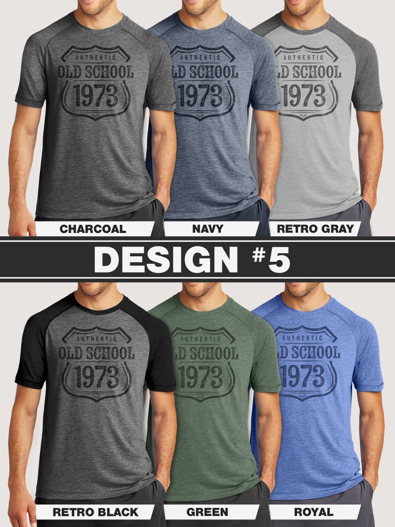 May include: A collection of six short-sleeved t-shirts in various colors, each featuring a shield-shaped graphic with the text "AUTHENTIC OLD SCHOOL 1973". Colors include charcoal, navy, retro gray, retro black, green, and royal.