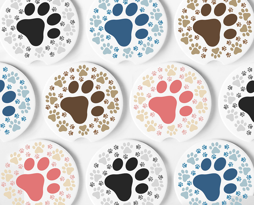 Paw Print Car Coasters | Absorbent Car Cup Holder Coaster | Set Of 2  Sandstone Pet Lover Gift Ideas | Cute Dog & Cat Lover Gifts