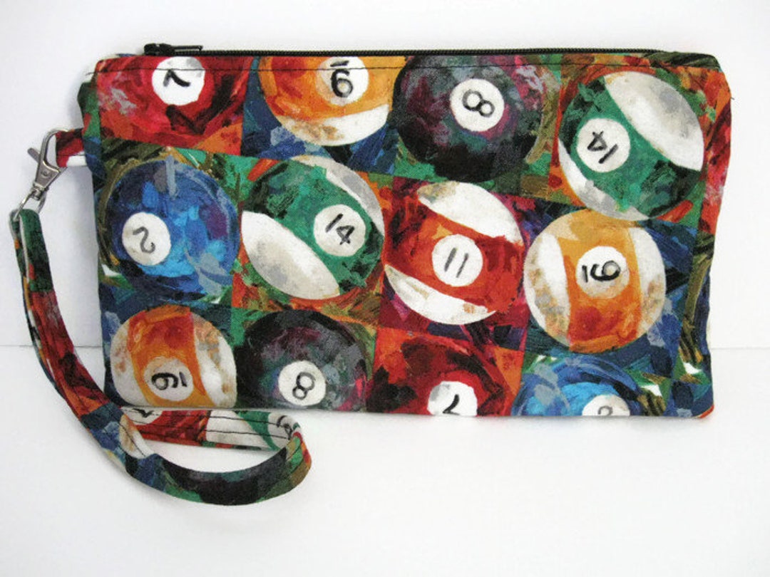 Billiards Zipper Pouch, Pool Game Fabric, Optional Wrist Strap