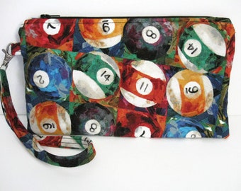 Billiards Zipper Pouch, Pool Game Fabric, Optional Wrist Strap, Wristlet Clutch, Phone Pencil Coupon Holder, Coin Change Purse, Make Up Case