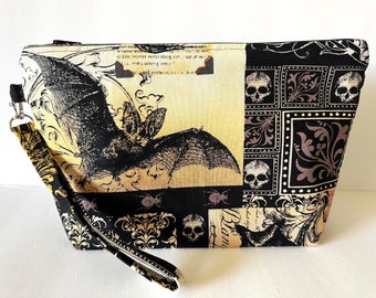 Nevermore Wristlet Purse, Makeup Bag, Victorian Gothic Bat, Owl Cosmetic Case Toiletry Zipper Pouch, Goth Skull Witchcraft Clutch