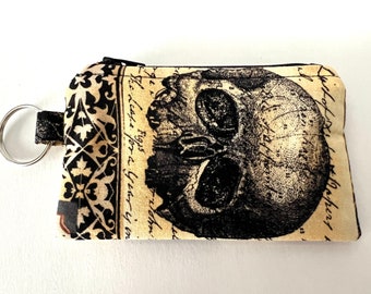 Nevermore Zipper Pouch, Skull Fabric, Coin Purse w/ Key Ring, Credit Card Holder, Change Purse, Victorian Goth Gothic Black Magic Witchcraft