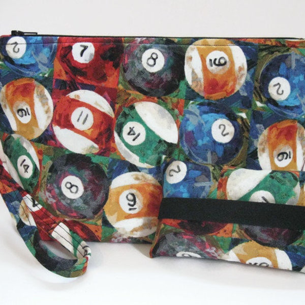 Billiards Zipper Pouch Set, MakeUp Bag Set, Tissue Pack Holder, Optional Wrist Strap, Fabric Cosmetic Case, Toiletry Gift for Pool Player