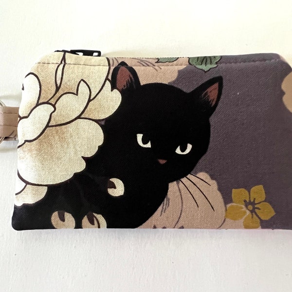 Black Cat Keyring Zipper Pouch, Japanese Neko Fabric, Coin Purse w/ Key Ring, Gift Card Credit Card Holder, Change Purse, Purple Floral