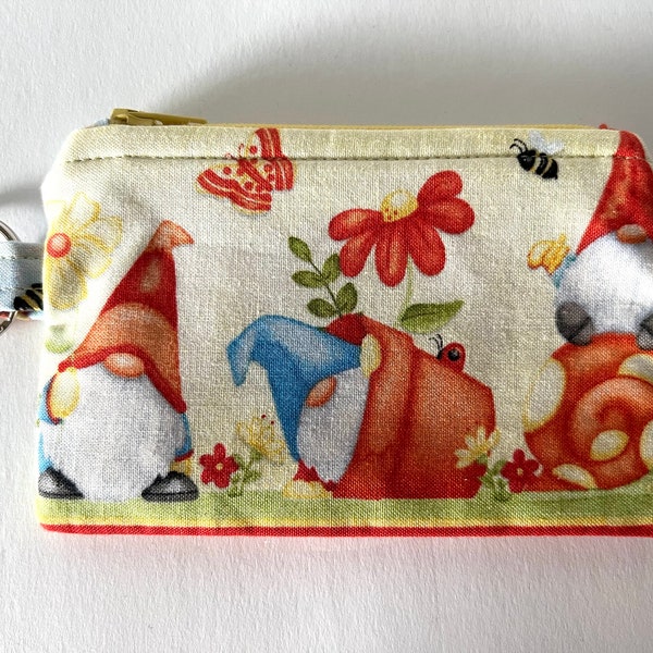 Gnome Zipper Pouch, Fabric Coin Purse w/ Key Ring, Credit Card Holder, Change Purse, Organizer Bag, Snail Garden Flower Bird Bee