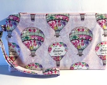 Hot Air Balloon Zipper Pouch, Inspirational Fabric, Wristlet Wrist Strap, Pencil Case Phone Holder Coupon Money Wallet Change Purse