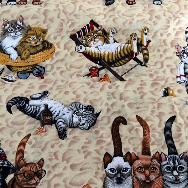 BTY Cats at the Beach Cotton Fabric By The Yard Destash Cat Kitten Kitty
