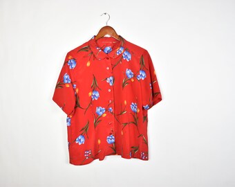 red floral button down