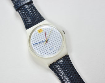 Vintage Dark Blue Deadstock Leather 1985 Dotted Swiss Swatch Watch