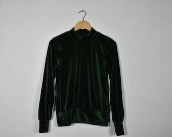 Vintage Green Velvet Long Sleeve Pullover Mock Turtleneck Top