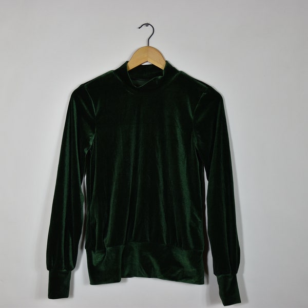 Vintage Green Velvet Long Sleeve Pullover Mock Turtleneck Top