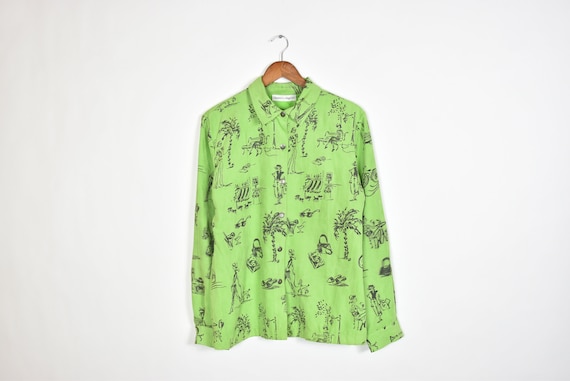 Vintage Lime Green Parisian Patterned Button Up S… - image 1