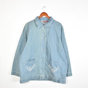 Vintage Light Blue Denim Button Up Embroidered Oversized Jacket