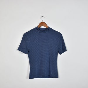 Vintage Blau und Schwarz Gestreiftes Mock Rollkragenshirt