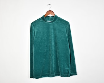 vintage Green Velvet Mock Turtleneck Chemise à manches longues