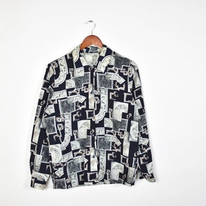 Vintage Black 80&#39;s Abstract Patterned Long Sleeve Shirt
