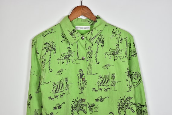 Vintage Lime Green Parisian Patterned Button Up S… - image 3