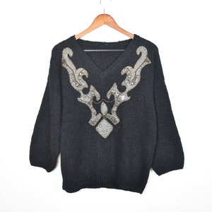 Vintage Black And Gold Long Sleeve Embellished V Neck Pullover Sweater