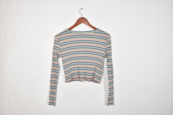 Long Sleeve Striped Button Down Crop Top - image 2
