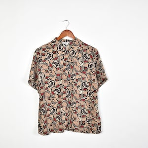 Vintage Brown 80&#39;s Abstract Patterned Button-Down Blouse
