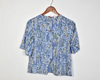 Vintage Patterned Short Sleeve Button Down Blouse
