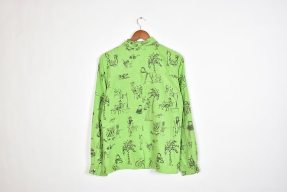 Vintage Lime Green Parisian Patterned Button Up S… - image 2