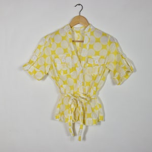 Vintage Yellow and White Polka Dot Button Down Short Sleeve Blouse With Tie Belt