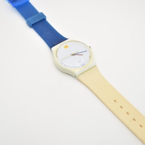 Vintage Deadstock Blue and Tan 1985 Dotted Swiss Swatch Watch