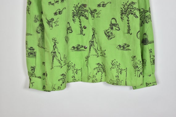 Vintage Lime Green Parisian Patterned Button Up S… - image 4