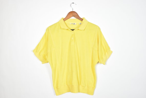 Vintage Bright Yellow Short Sleeve Velour Collare… - image 1