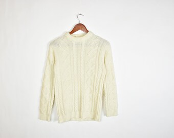 Vintage Cream Colored Heavy Knit Patterned Sweater