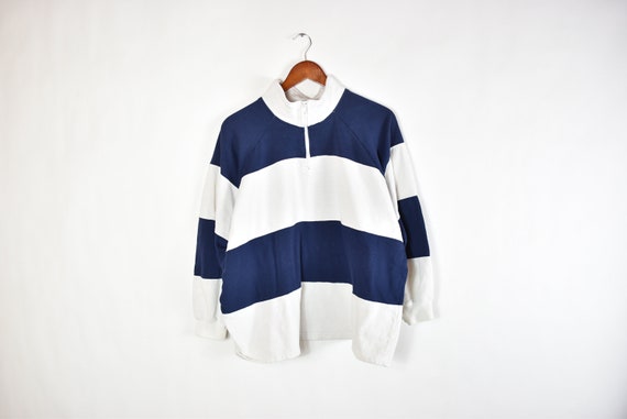 Vintage White and Blue Colorblock 3/4 Zip Up Swea… - image 1