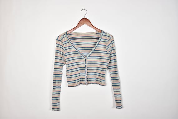 Long Sleeve Striped Button Down Crop Top - image 1