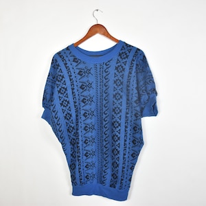 Vintage Schwarz und Blau Abstraktes 80er Strick Top